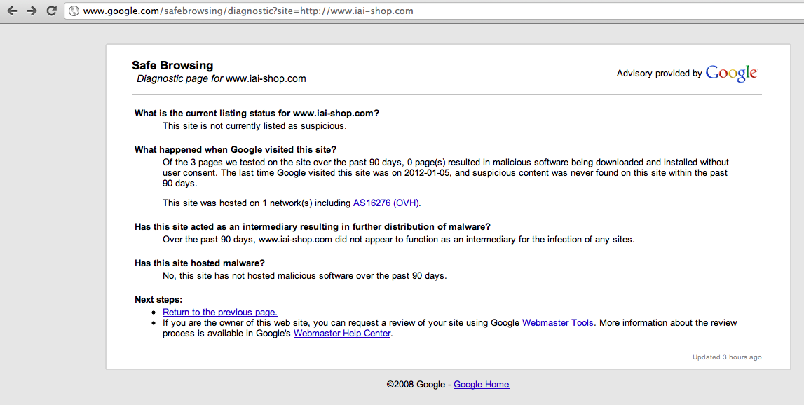 Wynik skanowania Google Websafe Browsing dla domeny www.iai-shop.com którą mechanizm blokował z powo