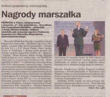 Kurier Szczeciński o IAI S.A. - Kurier Szczeciński relacjonuje rozdanie nagród i wręczenie nagrody usługa roku dla IAI S.A. za IAI-Shop.com